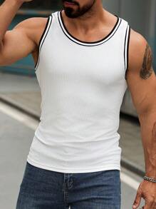 Manfinity Homme Men's Striped Crew Neck Casual Versatile Tank Top - White - View 4