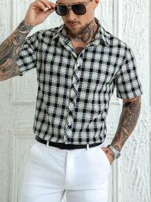 Manfinity Homme Men's Black Jacquard Cotton Plaid Short Sleeve Shirt,Black And White Checkered Button Up,Summer Casual City Break Beachwear Cool Button Downs Shirts - Black - View 3