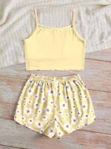 SHEIN Leap Crew 青少年女孩休闲简约修身吊带短款上衣和短裤睡衣套装，夏季 - 彩色 - 查看 2