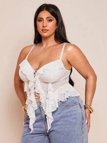 SHEIN BAE Plus Size Women Black Ruffle Strap Camisole Tank Top, Suitable For Date, Outing, Commute,Club Outfits Women Sexy,Going Out Tops Women - White - View 7