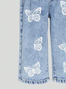 宽松裤夏季女婴牛仔裤 宽松牛仔裤蝴蝶印花女婴牛仔裤 - 中等水洗藍 - 查看 4