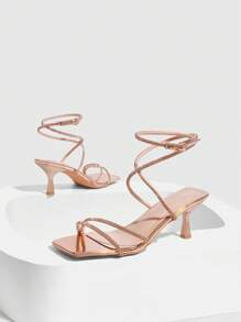CUCCOO SZL Women's Fashion Gold Rhinestone Strap Wrap Around Ankle Buckle Square Toe Stiletto Heel Sandals, Suitable For Commuting, Dates, Parties, Holidays For Christmas Spring Shoes - Rose Gold - View 3