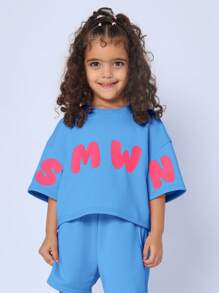 SUMWON Summer Playful Co-Ord Short Sleeve Performance Sportswear Set Active Kids Letters Comfortable Wear Everyday Playwear Cozy - Blue - View 3