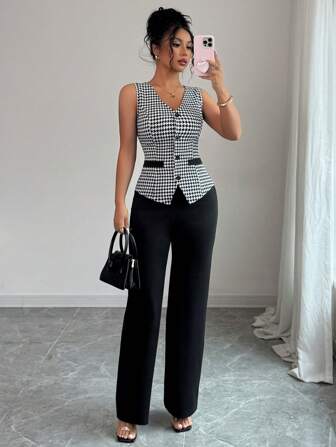 Elenzga Damen elegantes Hahnentritt Muster Top und Hose 2 Stücke Set