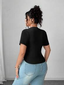 Elenzga 加大码圆领短袖休闲 T 恤，带侧抽绳，心形铆钉装饰，适合户外和通勤 女士夏季服装 夏季服装 女装 女式上衣 优雅女士夏季衬衫 女士加大码服装 女士正式加大码服装 女士商务休闲上衣 女士衬衫 女士服装 Y2k 女士可爱衬衫 - 黑色 - 查看 2