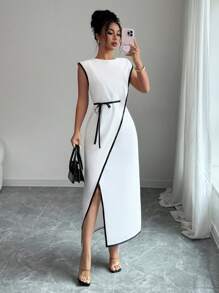Elenzga Đầm xòe eo thanh lịch màu tương phản cho nữ đi làm - trắng - Xem 1
