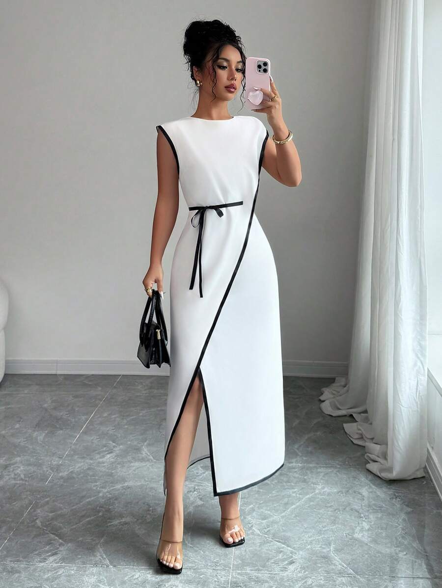 Elenzga Đầm xòe eo thanh lịch màu tương phản cho nữ đi làm - trắng - Xem 1