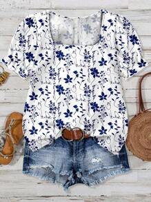 EMERY ROSE Plus Size Women's Ditsy Floral Casual Minimalist Button Down Shirt, Versatile And Suitable For Summer Chic Blouses For Women,Flower/Vacation/Spring - Blue and White - View 1
