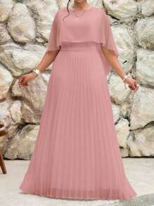 Fleurora 春夏优雅通勤办公室派对婚礼酒会音乐会/音乐节白色编织雪纺圆领喇叭形系带褶皱四分之一袖大码连衣裙优雅女装高档服装，女士正式礼服 - 粉色 - 查看 4