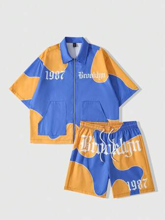 Street Life Men Boxy Fit Letter  Number Print Short Sleeve Zip Front Shirt And Shorts Casual Outfit