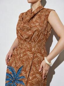 Aveloria Modichic Nouvelle robe longue style vacances à la plage pour femmes grandes tailles, avec imprimé rétro arbre de noix de coco, col volant, nœud, taille élastique et coupe fuselée - Multicolore - Voir 4