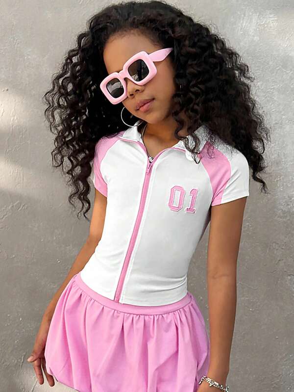 Coolane Kids Camiseta de manga corta de ajuste slim con bloqueo de 3 colores, cremallera frontal y cuello alto para niñas preadolescentes en primavera/verano Y2k