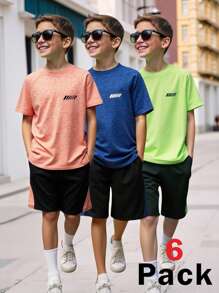 SHEIN Leap Crew 6pcs Tween Boys' Casual Sports Print Stretchy Crew Neck Short Sleeve T-Shirt And Shorts Set, Professional Sportswear, Multi-Pack, Suitable For Commute, School, Daily Wear, Sports, Spring/Summer, Fitness, Outdoor Activities - Multicolor - View 1