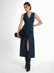 Daynim 女士无袖收腰优雅牛仔连衣裙，通勤装