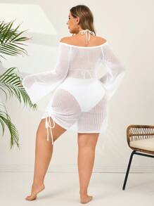 SHEIN Swim Plus Size Women Knitted White Off Shoulder Side Drawstring Vacation Beach Cover Up