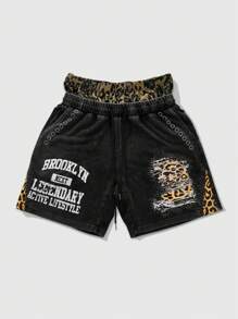 ROMWE MEN Street Life Men's Street Style Washed Leopard Patchwork Cargo Shorts With Double Waistband Design