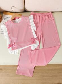 3-delat set med stickad topp och rosett för tweenflickor, vit t-shirt med kort ärm och vida byxor, söt och minimalistisk stil - Rosa - Visa 3
