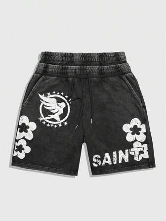 Street Life Shorts décontractés pour hommes avec cordon de serrage à la taille, poches et imprimé de lettres et fleurs