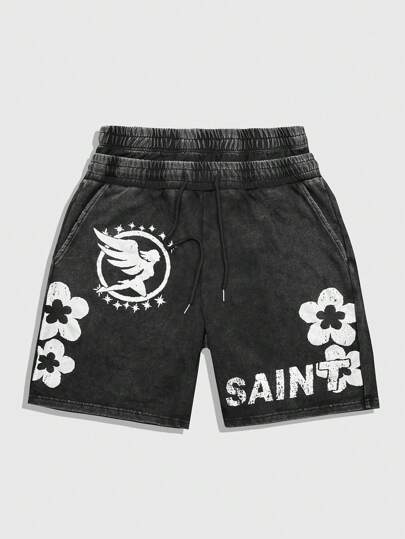 Street Life Pantaloncini casual da uomo con stampa di lettere e fiori, con coulisse in vita e tasche