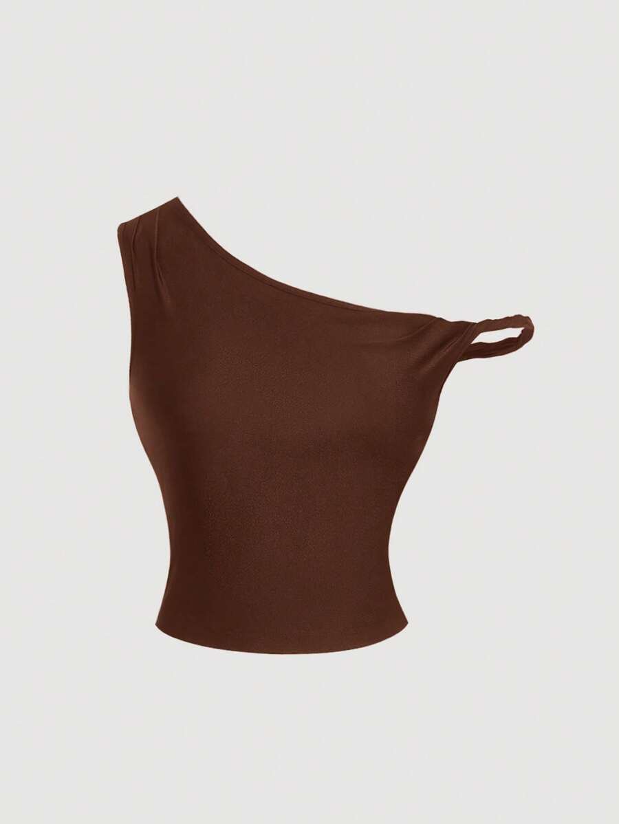 SHEIN MOD Women Casual Asymmetrical Shoulder Rust Brown Blouse - Rust Brown - View 1