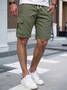 Manfinity Homme Men's Plain Casual Color Drawstring Waist Streetwear Cargo Shorts, For Back To School