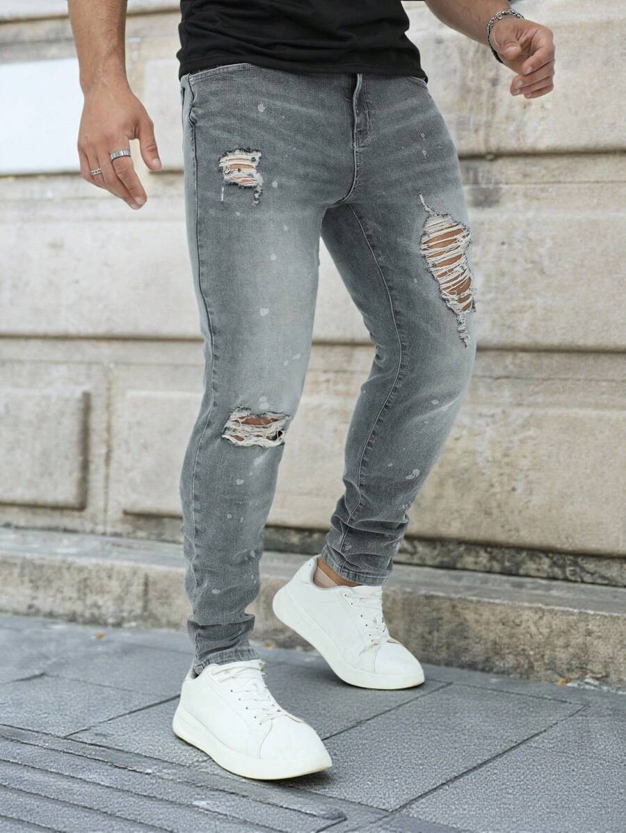 Manfinity LEGND 男式纯色破洞口袋休闲牛仔裤