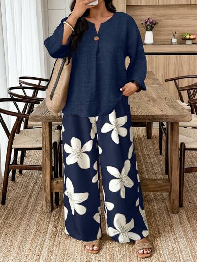 EMERY ROSE Set de 2 piezas de talla grande para mujer, camisa de manga larga de unicolor y pantalón con estampado floral