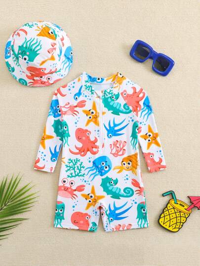 SHEIN 1 Set Baby Boy Cartoon Whale Print Long Sleeve Romper With Hat, Beach Wear For Summer UV Protection Toddler Beach Clothes Baby Beach Wear Beach Outfits For Toddlers Baby Beach Outfits Newborn Beach Wear