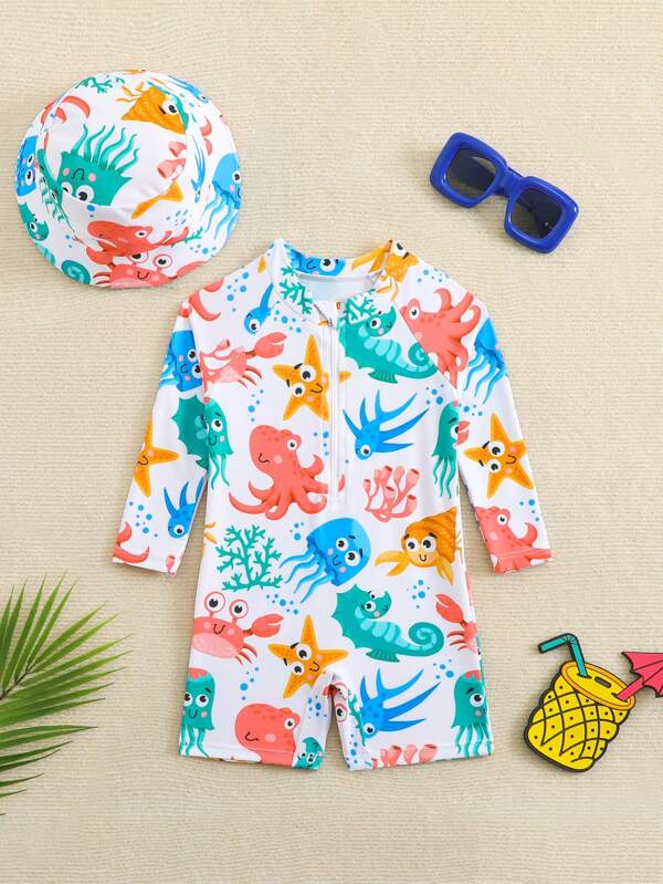 SHEIN 1 Set Baby Boy Cartoon Whale Print Long Sleeve Romper With Hat, Beach Wear For Summer UV Protection Toddler Beach Clothes Baby Beach Wear Beach Outfits For Toddlers Baby Beach Outfits Newborn Beach Wear