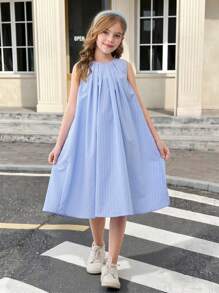 SHEIN Serisse Kids Vestido suelto y casual para niña preadolescente con cuello redondo, sin mangas, de unicolor y espalda abierta