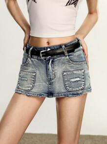 Rina Fox Quần váy denim giặt rách thường ngày cho nữ - Rửa tối - Xem 5