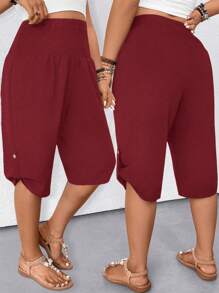 SHEIN LUNE Quần short Bermuda cạp rút dây thường ngày cho nữ, đa năng và thon gọn - Màu Đỏ Sâu - Xem 1