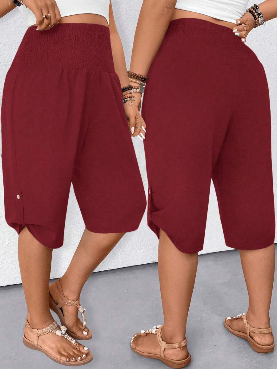 SHEIN LUNE Quần short Bermuda cạp rút dây thường ngày cho nữ, đa năng và thon gọn - Màu Đỏ Sâu - Xem 1