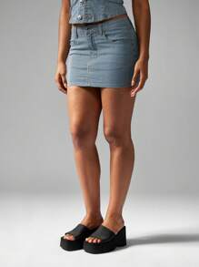 MISSGUIDED Railroad Stripe Denim Mini Skirt Y2K Festival Style Button Front High Waisted Fitted Summer Spring Fashion - Dark Wash - View 4