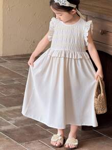 SHEIN Little Byeori 小女孩荷叶边花朵装饰泡泡袖连衣裙，韩式/日式公主风 - 卡其色 - 查看 1