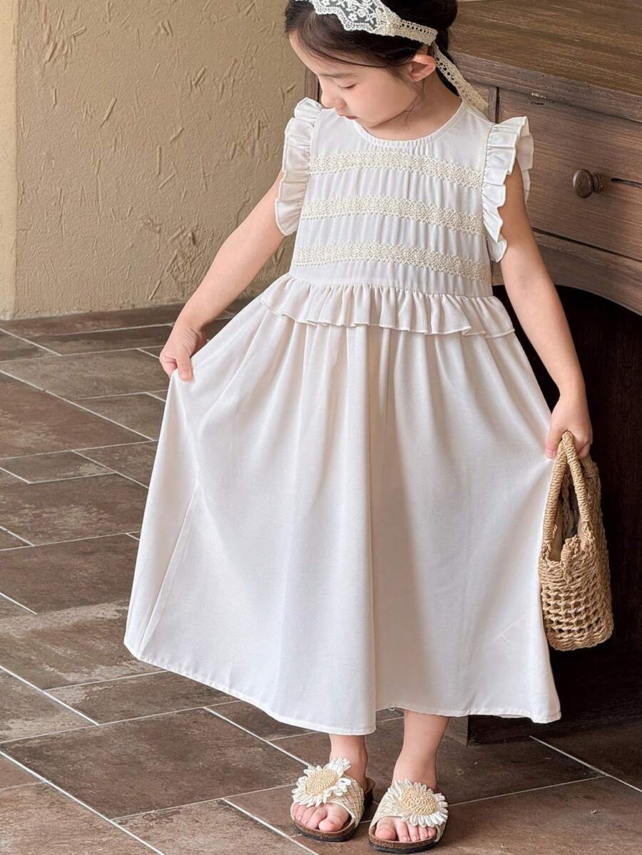 SHEIN Little Byeori 小女孩荷叶边花朵装饰泡泡袖连衣裙,韩式/日式公主风 - 卡其色 - 查看 1