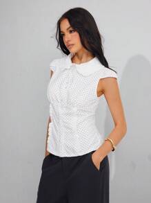 Roylia Áo cánh dệt chấm bi bo gấu nhún bèo eo cho nữ, áo sơ mi đi làm thường ngày phù hợp để đi học, mặc hàng ngày, cuộc sống đô thị - Đen và trắng - Xem 3