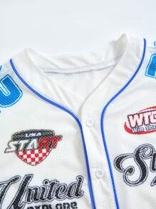 SHEIN Tween Boy's Casual Sports Stripe & Letter Print Short Sleeve Shirt, Comfortable, Fashion, Versatile, Soft, Suitable For Spring & Summer, Daily Wear, Outdoor, School, Streetwear, Party, Home Leisure - White - View 4