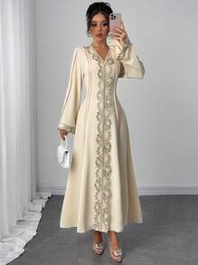 Rafferiza Women's Loose V-Neck Ruffle Trim Long Sleeve Robe/Long Dress, Turkish Robe, Arabic House Dress Fall Cloth For Women - Apricot - View 4