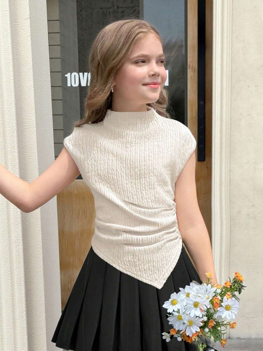 SHEIN Tween Girl Casual Textured Knit Fitted Mandarin Collar Short Sleeve T-Shirt With Gathered, Asymmetric Hem, Suitable For Spring/Summer, Back To School - White - View 1