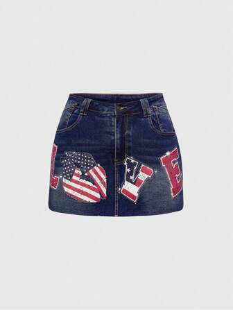 ROMWE Avant Minifalda de mezclilla con cintura baja, corte y estampado de letra con bandera de EE.UU. en estilo retro Y2K y streetwear para mujer