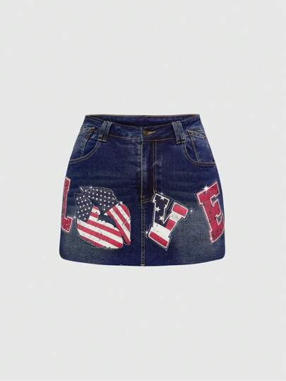 ROMWE Avant Gonna di jeans mini a vita bassa, tagliata, con stampa di lettere che formano la bandiera USA, in stile retrò streetwear Y2K per donna