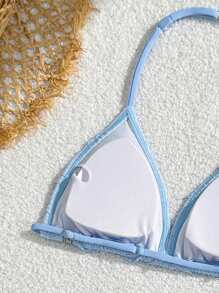 Tween Girls 2pcs Bikini Set, Blue Jacquard Triangle Top Adjustable Strap + Jacquard Triangle Bottom, Cute Swimwear - Multicolor - View 6