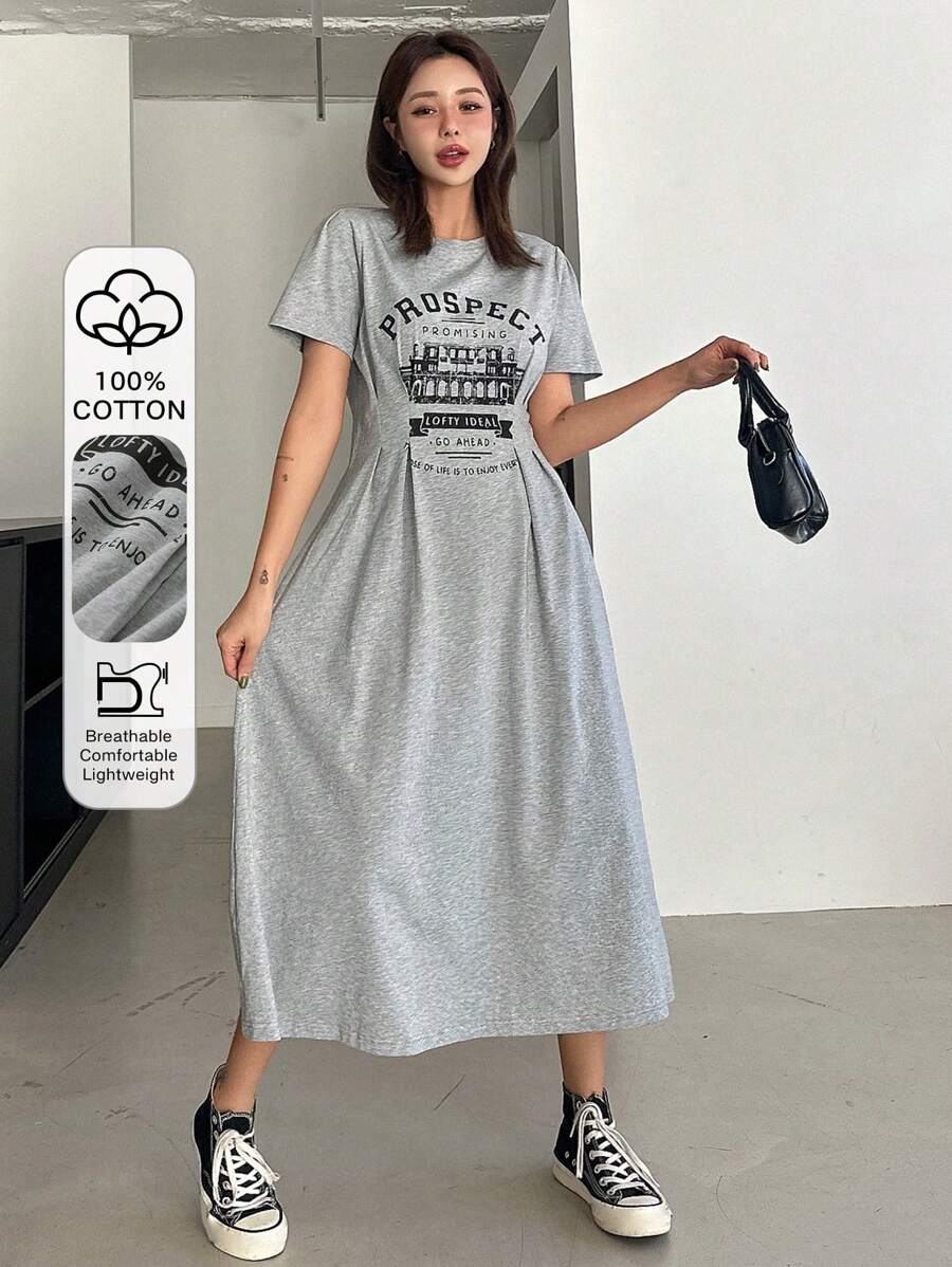 DAZY Letter Graphic Print Ruched Neck Midi Dress For Women Sundress,Casual Women Dresses - Grey - View 1