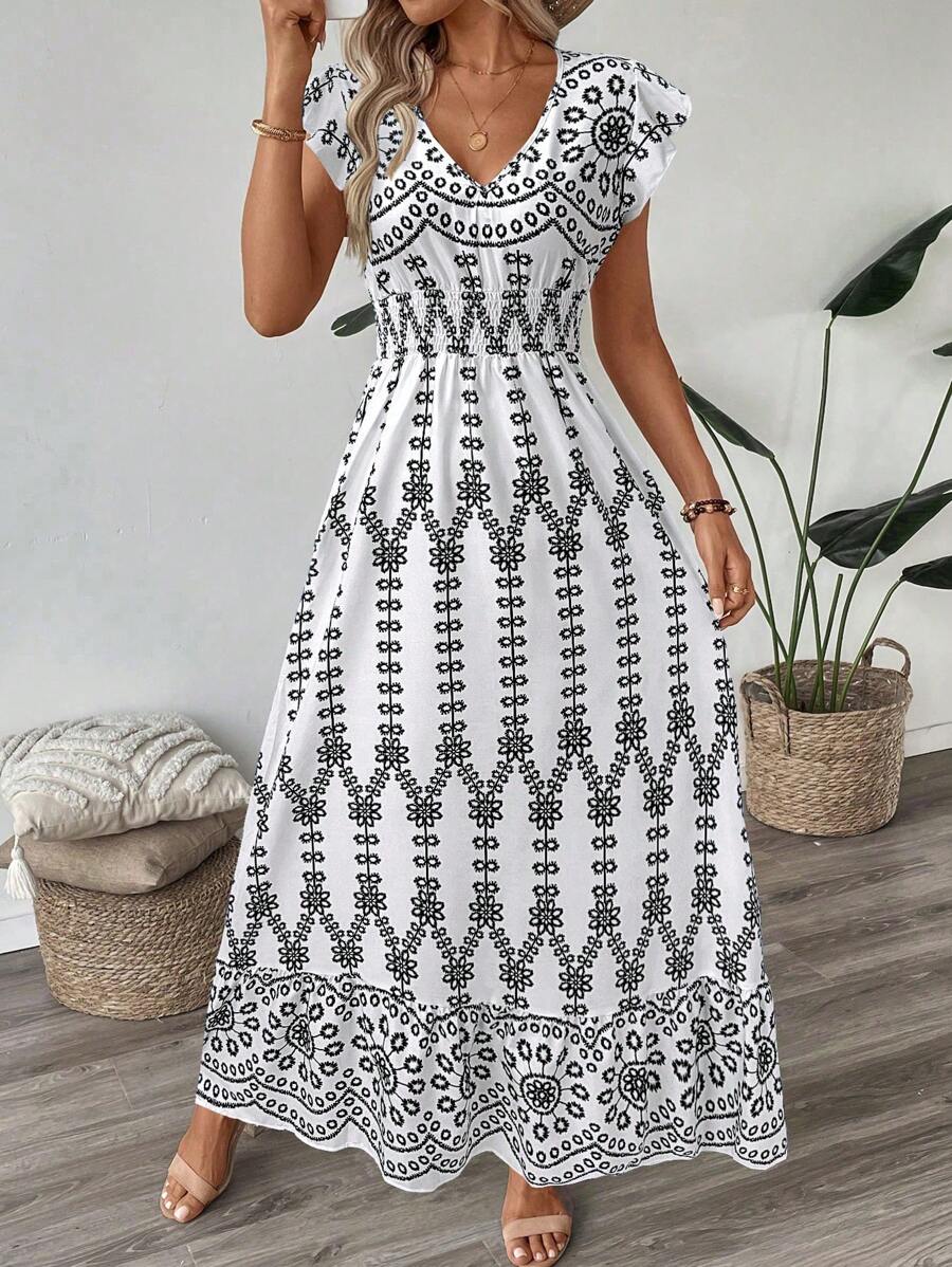 SHEIN LUNE 女式荷叶边盖袖荷叶边下摆 A 字形连衣裙，休闲度假优雅瓷器印花长款连衣裙 - 白色 - 查看 1