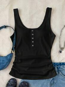 SHEIN 少女基本款白色圆点罗纹金属纽扣休闲百搭黑色深U领工字背心