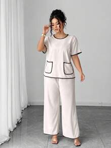 Calvaya Set de 2 piezas conjunto informal de verano elegante y con estilo de color contrastante con bolsillo para vacaciones