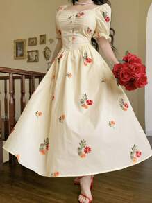 DAZY Elegante vestito lungo da donna con ricamo floreale in vita