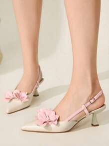 CUCCOO CHICEST New Summer Pointed Toe High Heels Shoes For Women, Elegant Romantic White And Light Pink Color Blocking Faux Leather Slip-On Pumps, Suitable For Afternoon Tea, Dating, Vacation Outfits - Beige - View 5