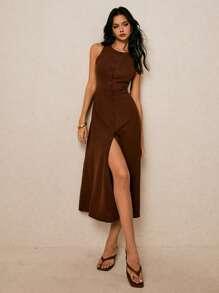 Poéselle Women's Round Neck, Single-Breasted, Sleeveless, Brown  Dress - Brown - View 8